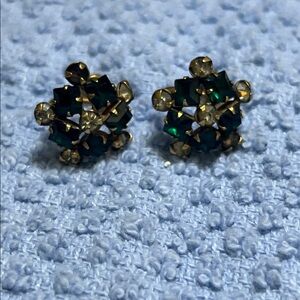 Vintage Art Deco Gold Plate and Emerald Green Screw Back Earrings
